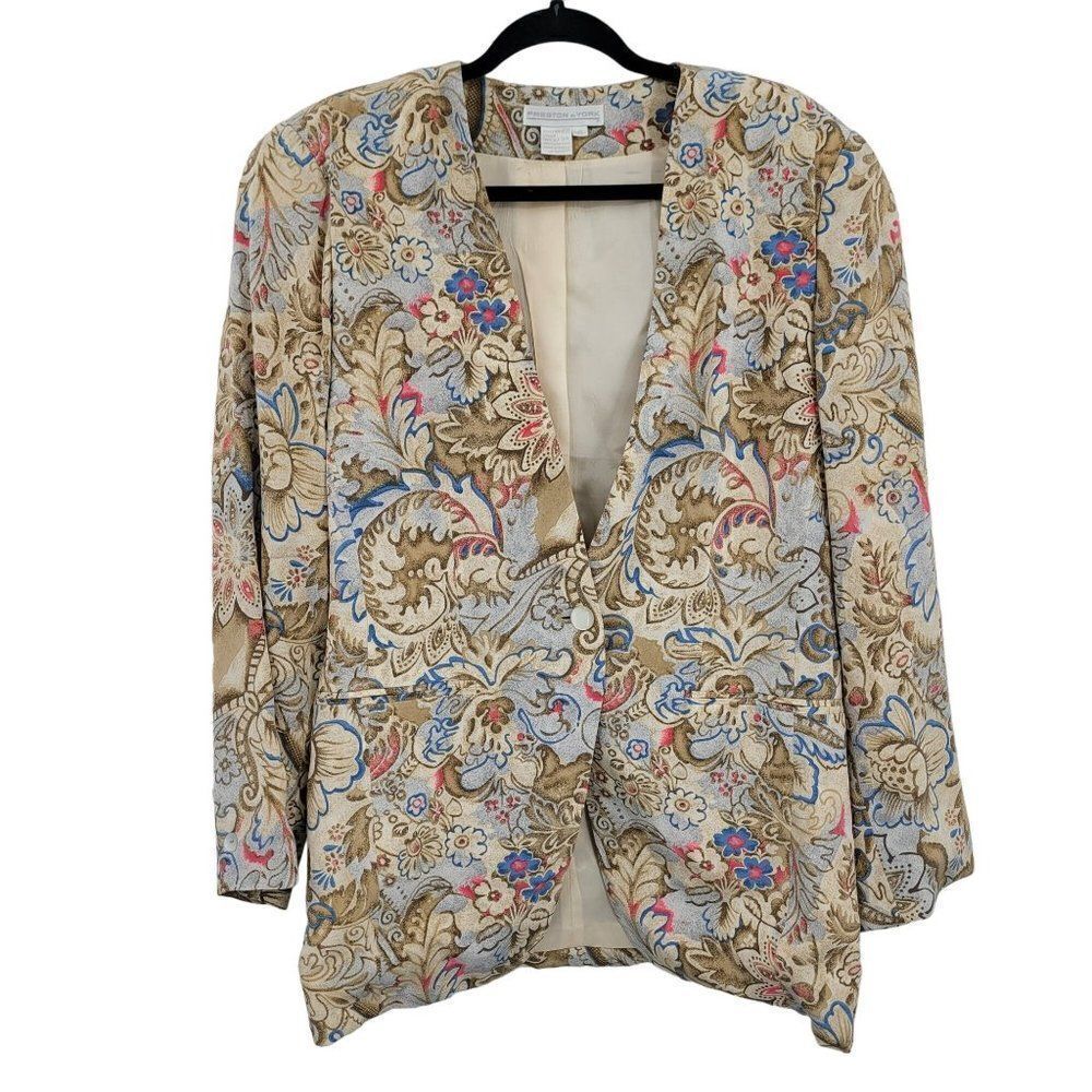 Vintage Preston & York Blazer 14 Cream Blue‎ Paisley Single Breasted Mid Thigh